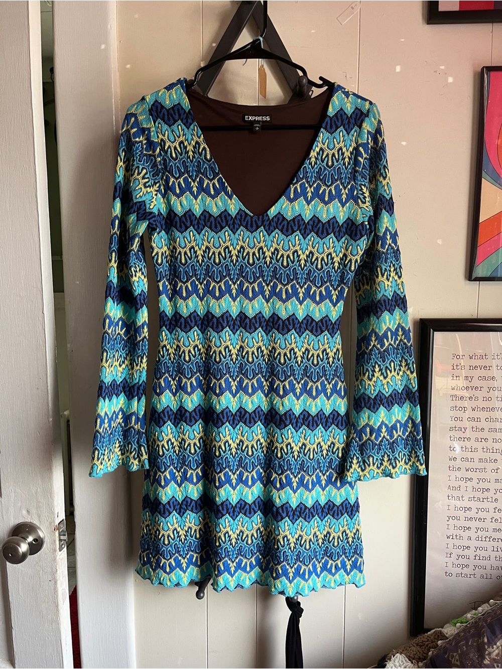 Express Blue & Teal Patterned Long Sleeve Dress